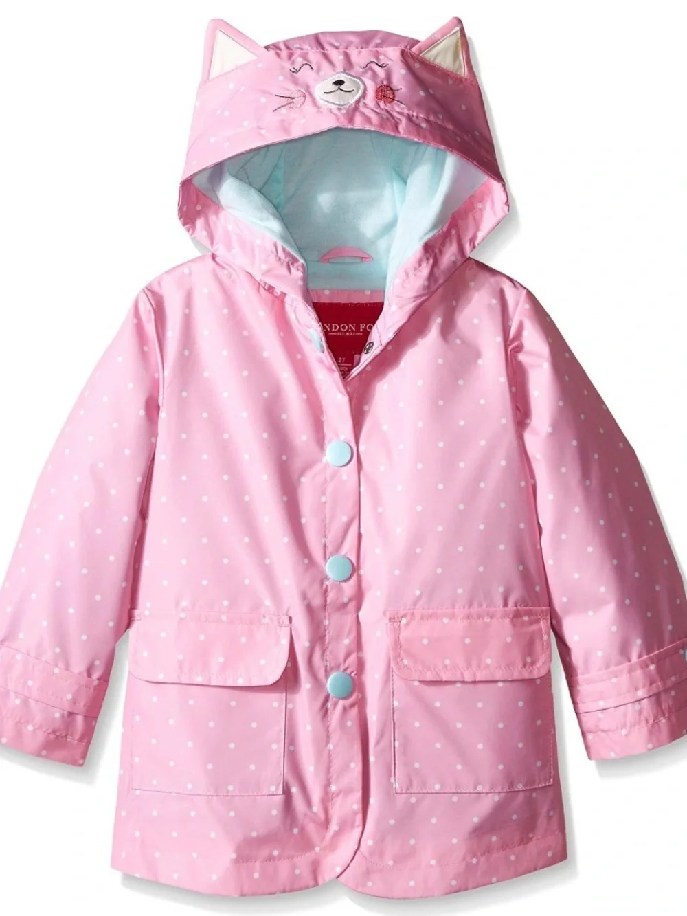 London Fog girls pink polka dot rain jacket with cat face/ears hood size 5/6